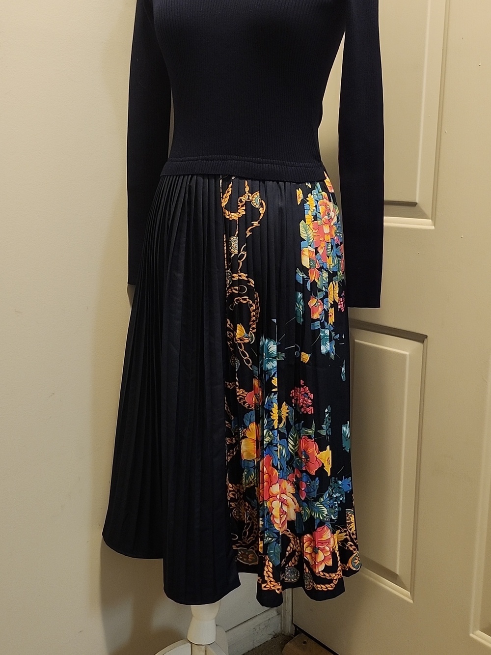 Dalia Macphee Dress Small Midi Rib Sweater Floral Pleated